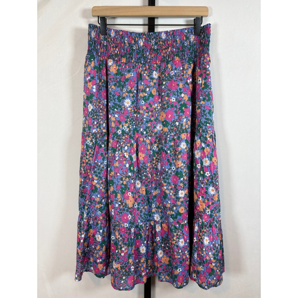 Rails Edina Floral Skirt Womens Medium Blue Pink Smocked Tiered Midi Boho Cotton